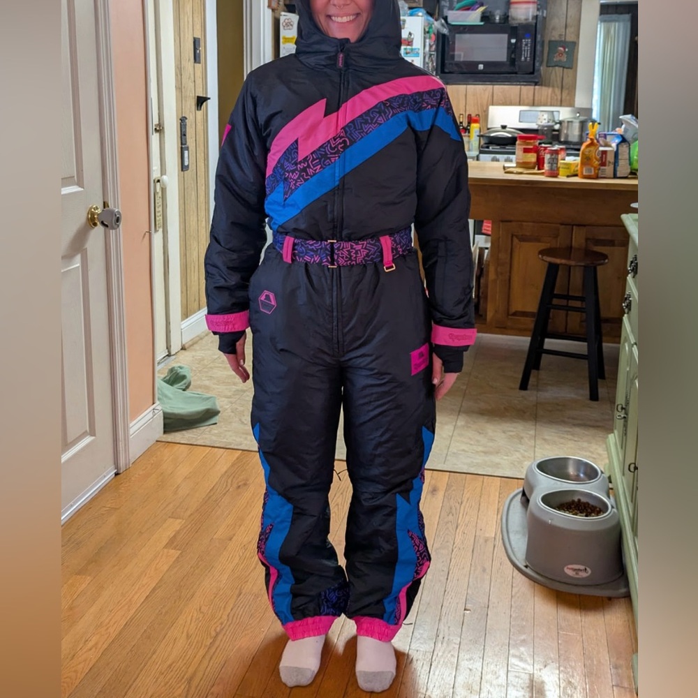 Tipsy Elves Black Ski Suit with Pink and Blue Details